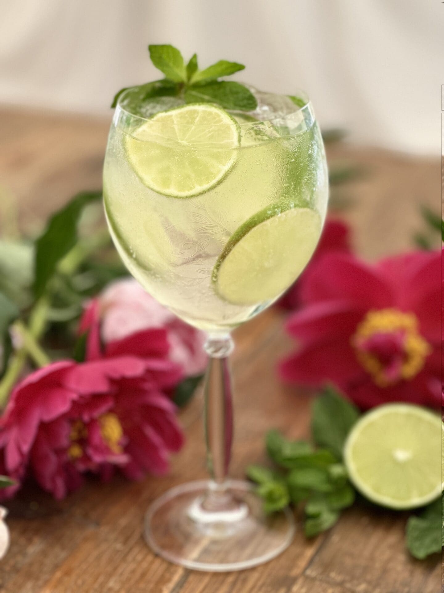 Hugo Spritz Cocktail Frosted glass filled with a Hugo Spritz cocktail garnished with fresh mint and lime wheels on a wooden table surrounded by peonies