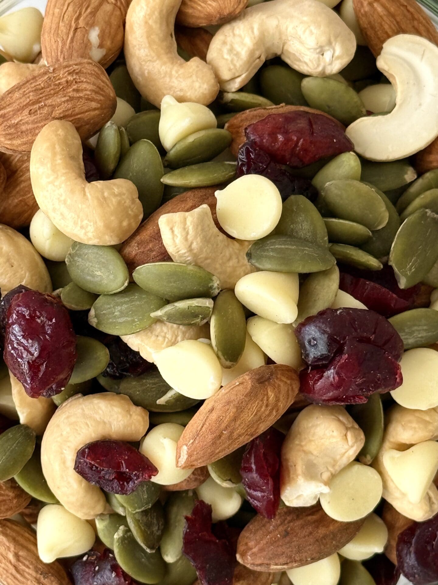 IMG_5221 White Chocolate and Cranberry Trail Mix is seen from above, close up.