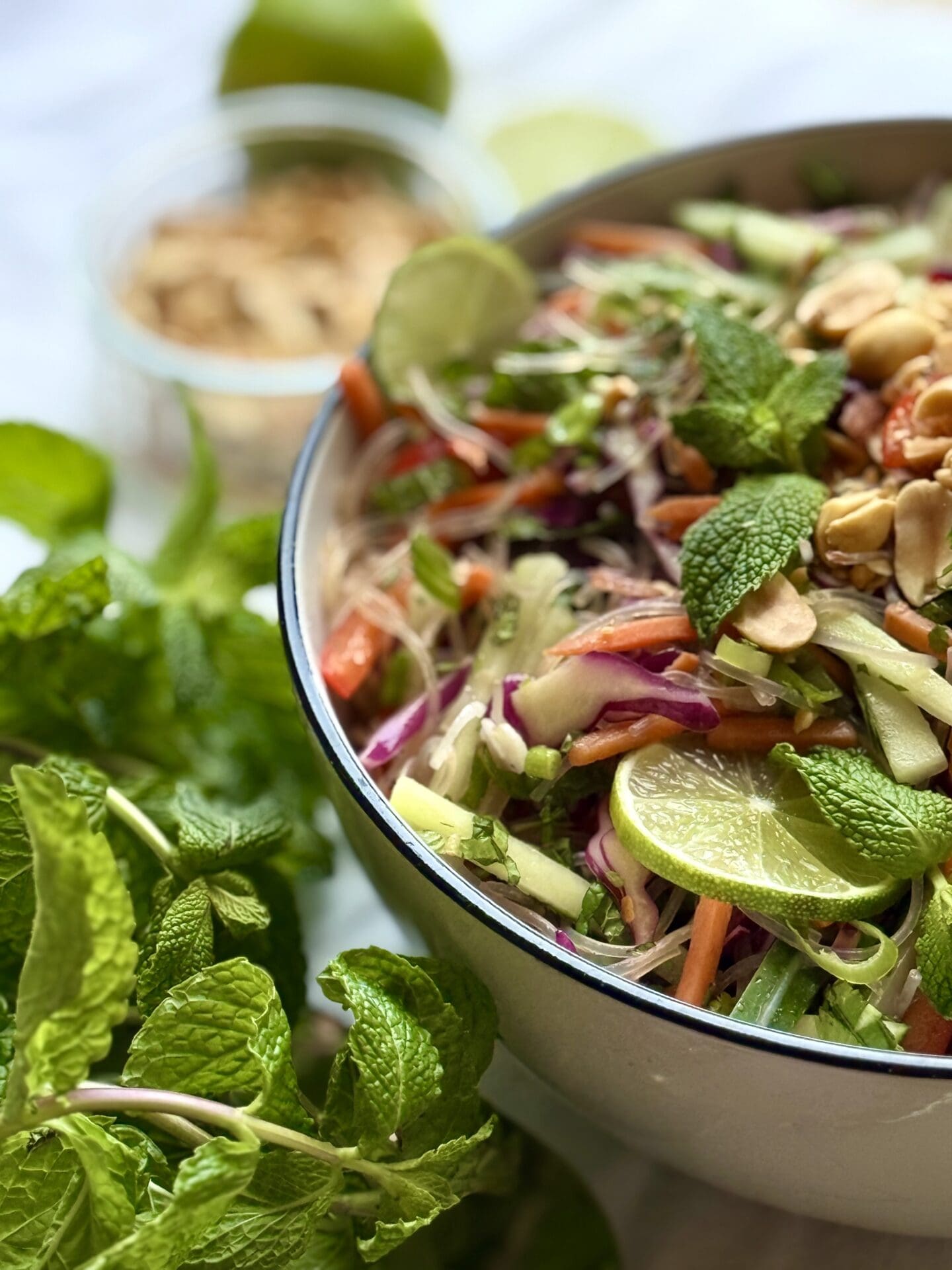 IMG_6426 A bowl filled with Spring Roll Noodle Salad is seen from the side, surrounded by bunches of fresh mint leaves, fresh limes and a bowl of crushed peanuts.