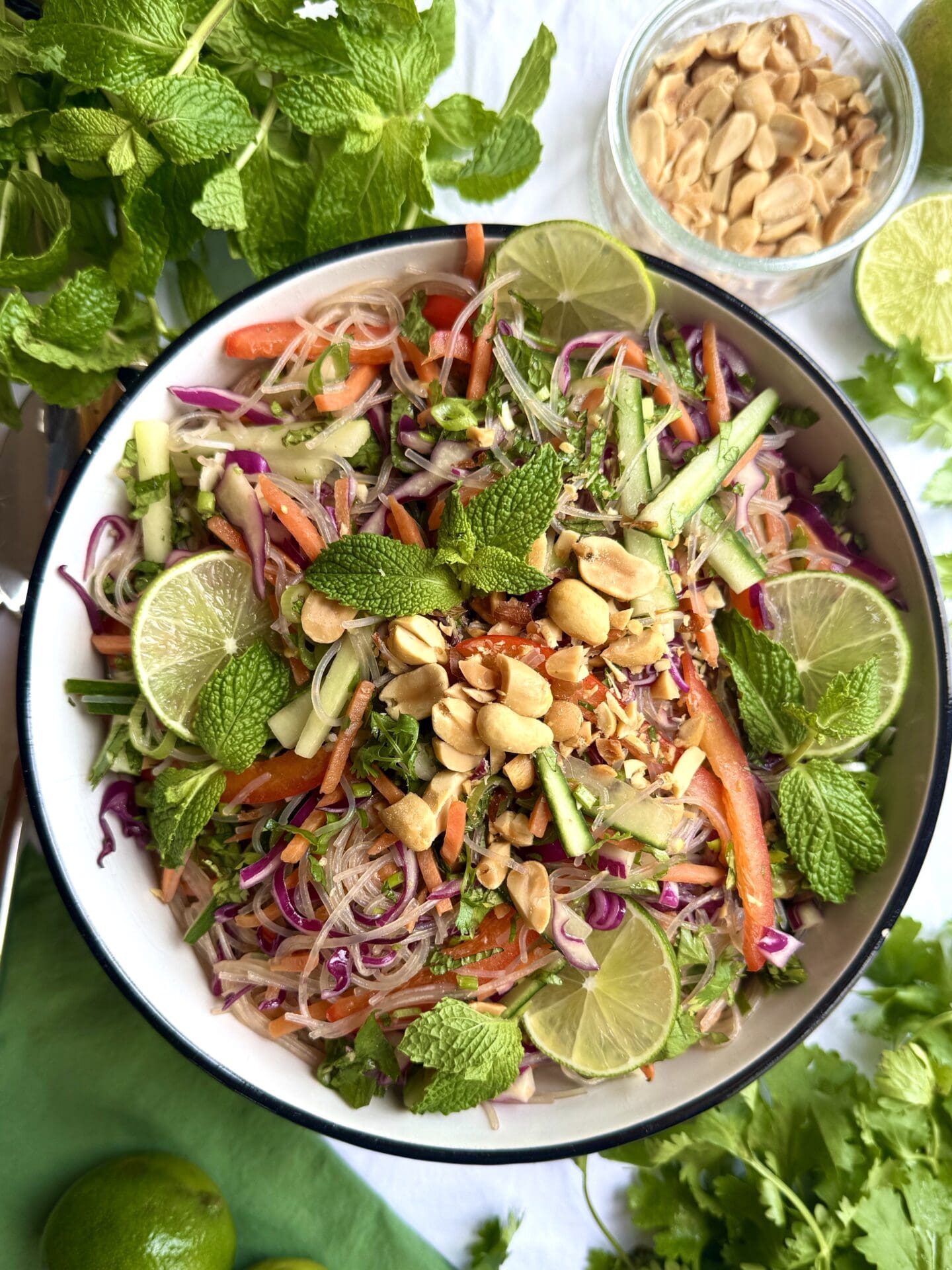 A vibrant bowl of Spring Roll Noodle Salad is seen from above, filled with colourful vegetables and topped with crushed peanuts, lime wheels and mint leaves.